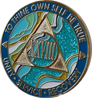 28 Year AA Medallion Elegant Caribbean Aqua Glitter Teal Marble Gold Sobriety Chip