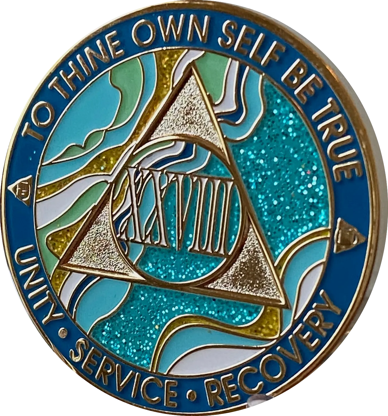 28 Year AA Medallion Elegant Caribbean Aqua Glitter Teal Marble Gold Sobriety Chip