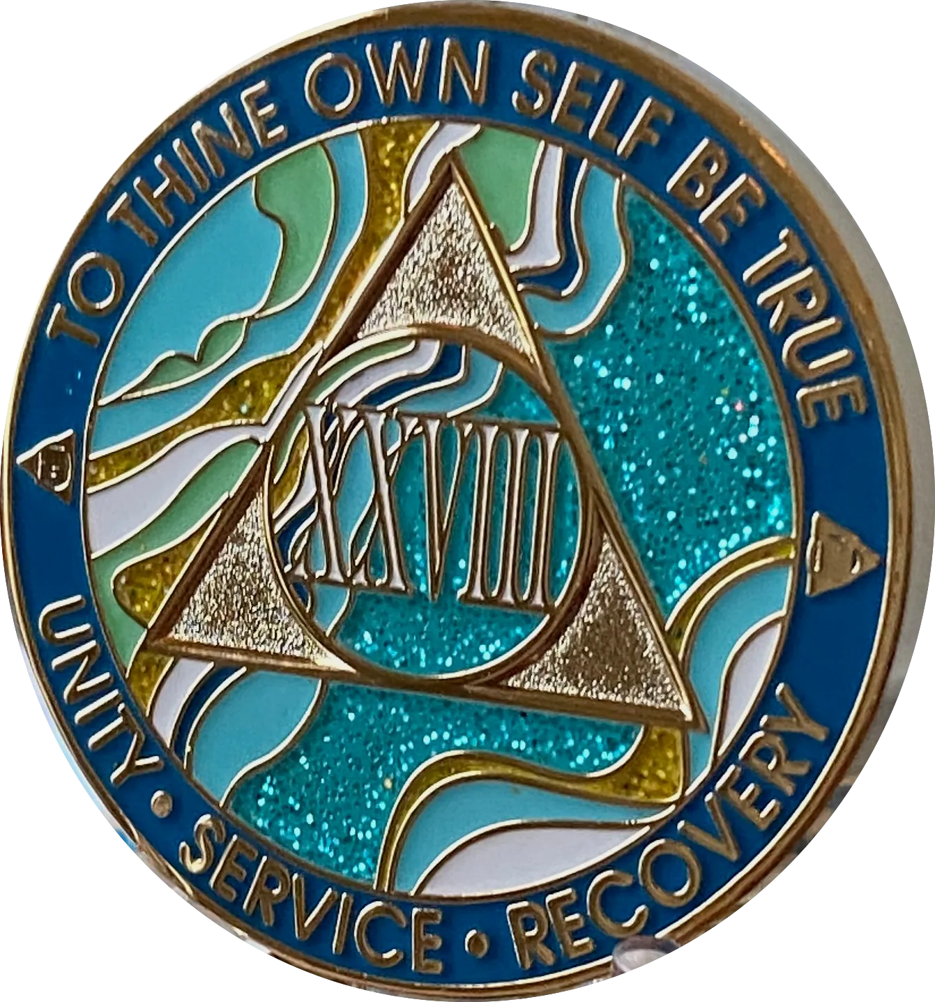 28 Year AA Medallion Elegant Caribbean Aqua Glitter Teal Marble Gold Sobriety Chip