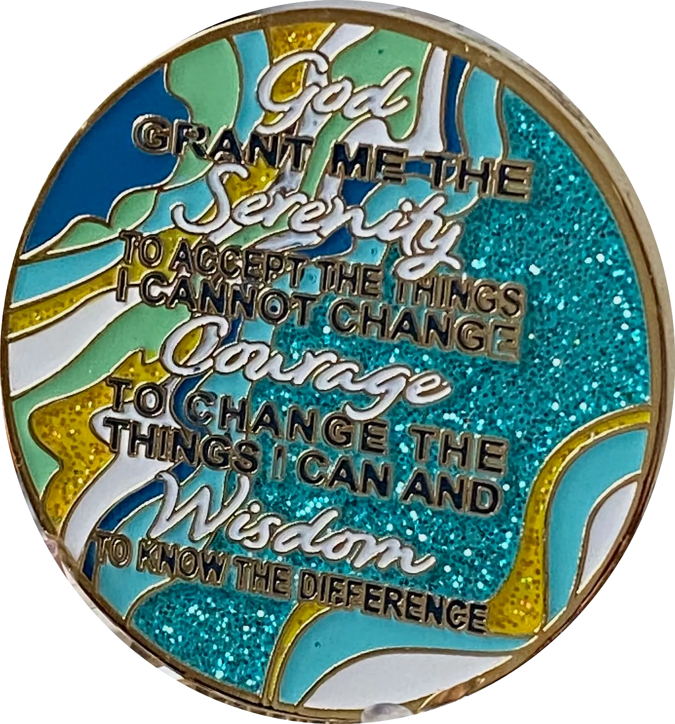 28 Year AA Medallion Elegant Caribbean Aqua Glitter Teal Marble Gold Sobriety Chip