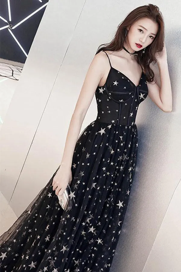 A-line Star Lace Beautiful Chic Black Long Prom Dress PSK173