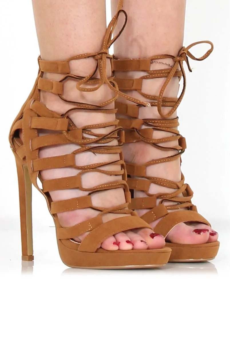 Angel Tan Suede Caged Platform Heels