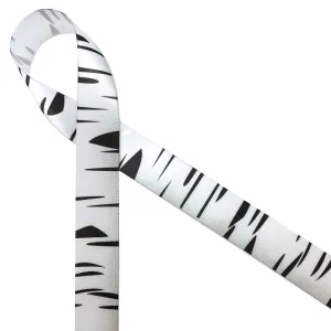 Birch bark ribbon in white and black printed on 7/8" white satin