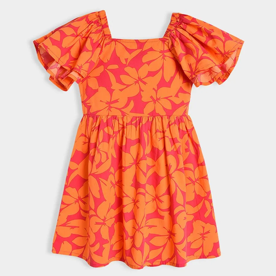 Bloom Woven Printed Dress Orange for Girl