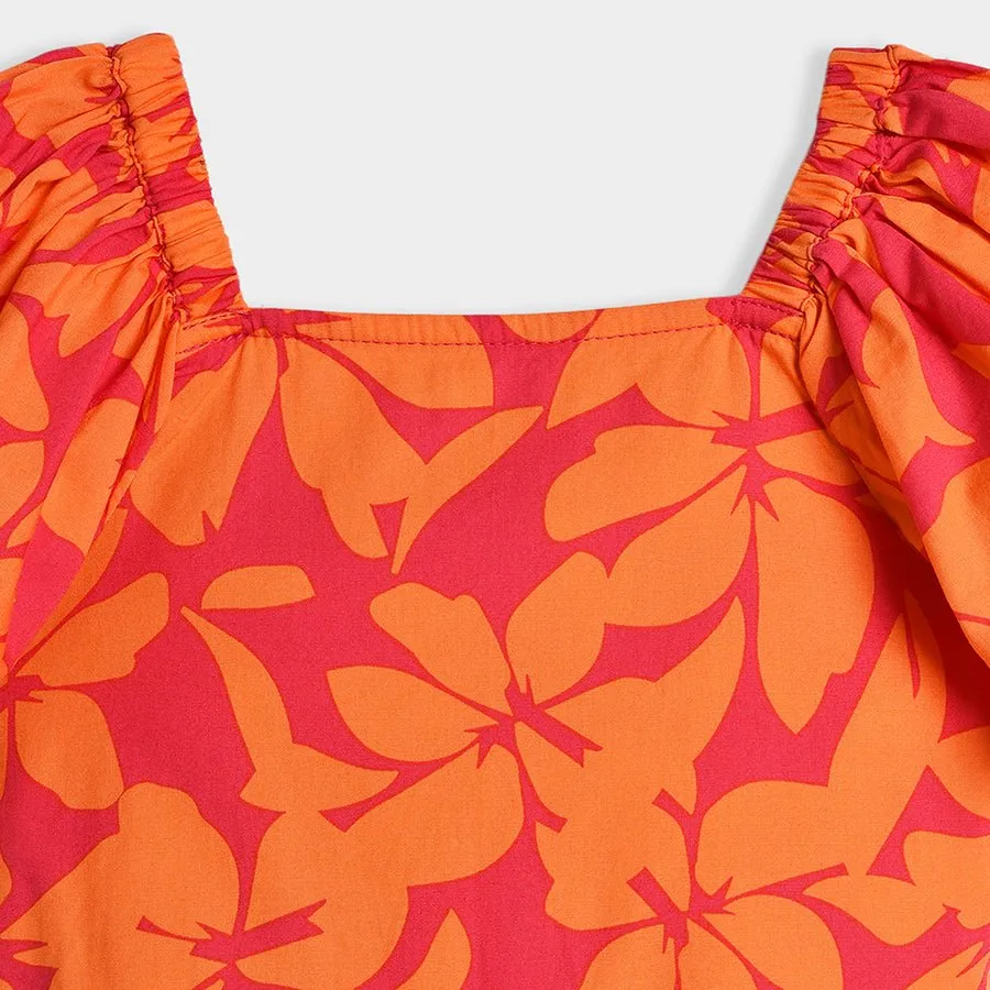 Bloom Woven Printed Dress Orange for Girl