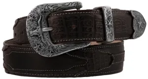 Brown Cowboy Leather Belt Crocodile Overlay Print - Silver Buckle