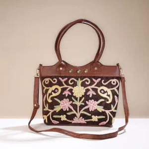 Brown - Original Crewel Hand Embroidered Hand Bag with Leather Handle