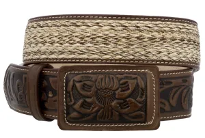 Brown Western Cowboy Belt Tooled Braided Leather - Rodeo Buckle