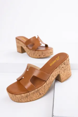 Cognac Geometric Strap Cork Platform Heels