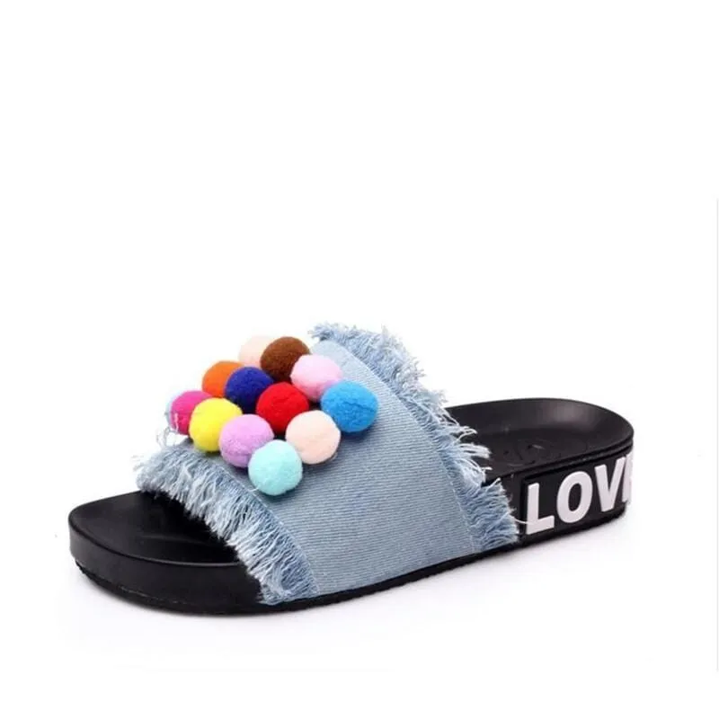 Colorful Pom-Pom Slide Sandals