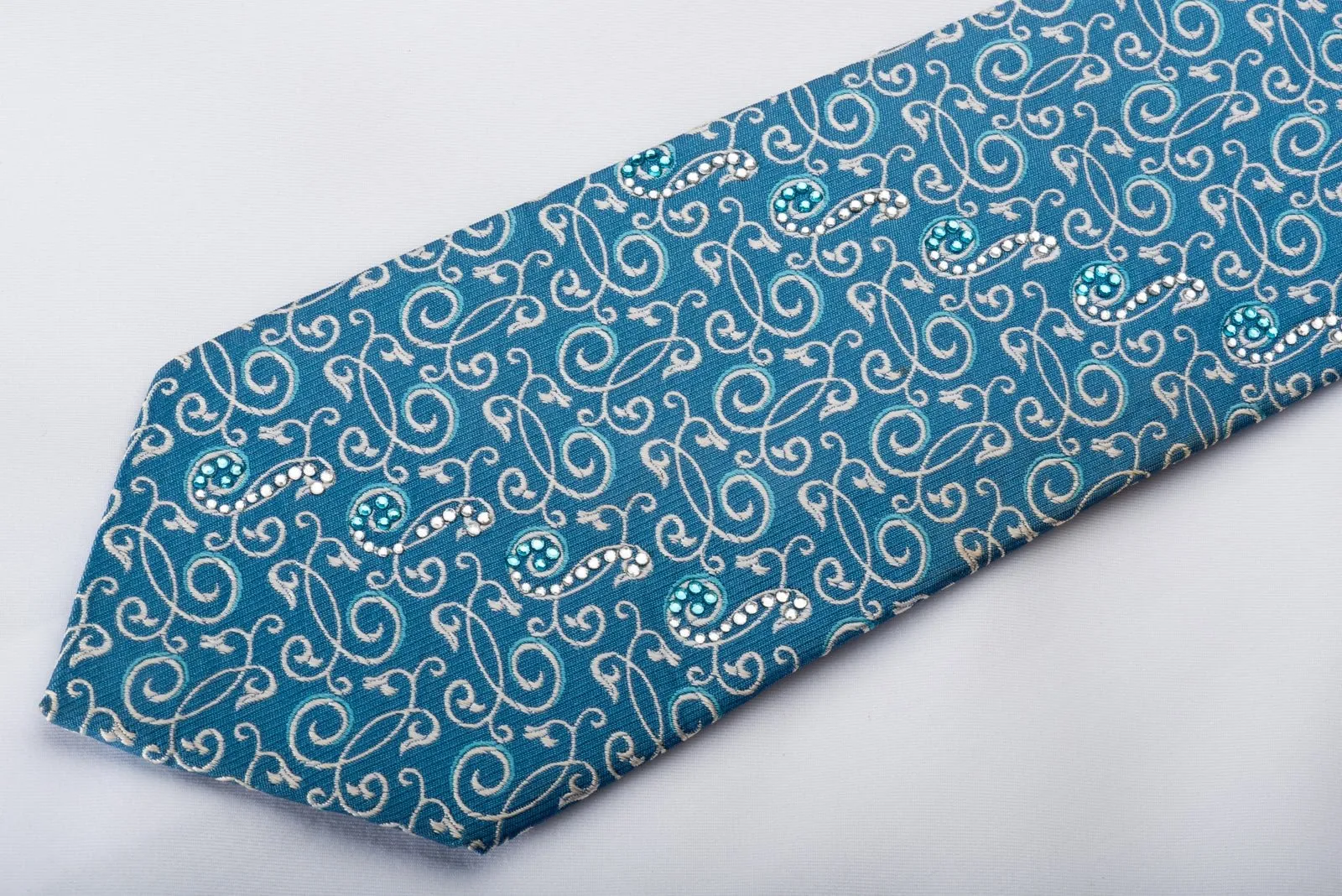 Daniel Hechter Men's Silk Tie Silver Filigree On Blue Sparkling With Rhinestones