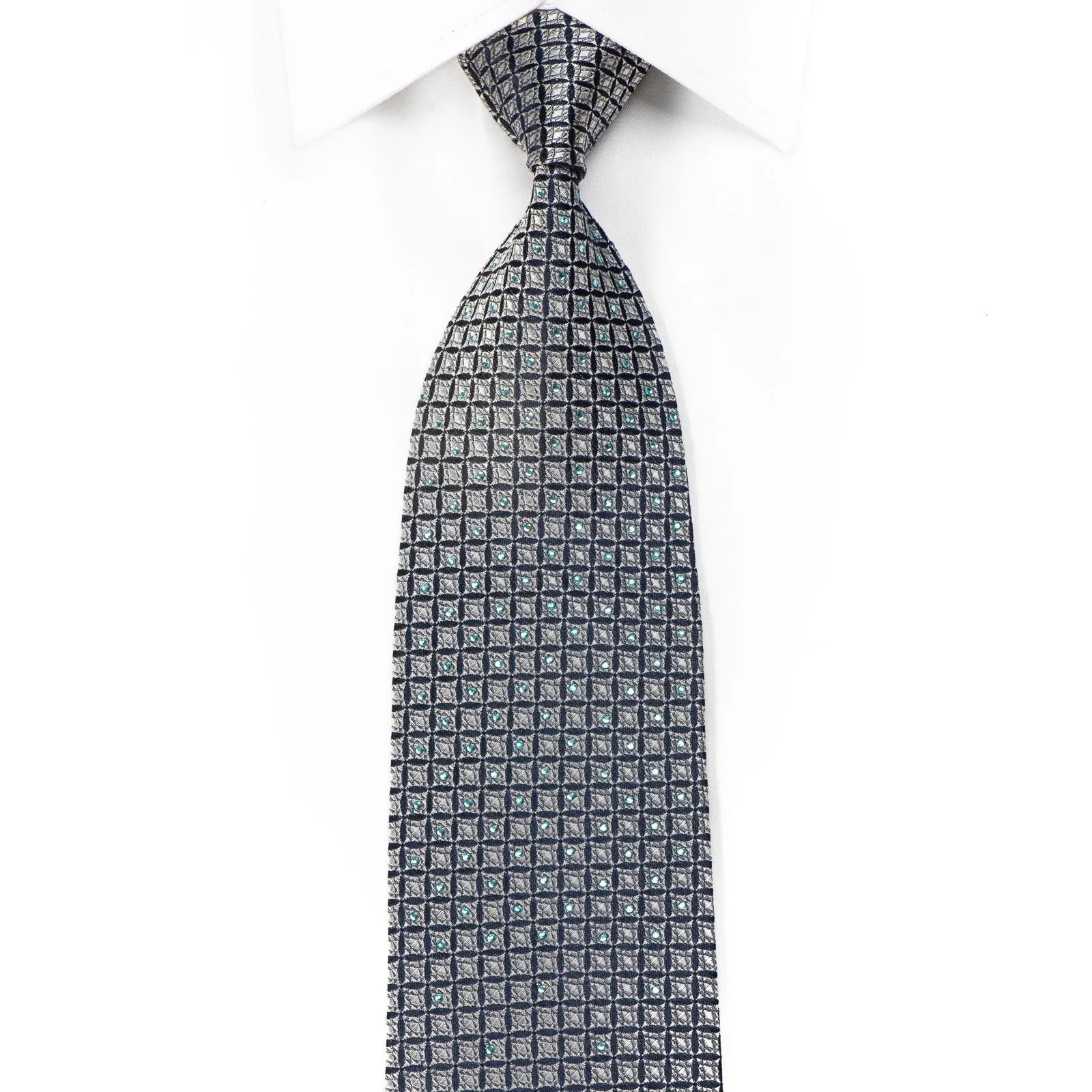 Elle Homme Men's Crystal Silk Tie Silver Geometric On Navy Sparkling With Rhinestones