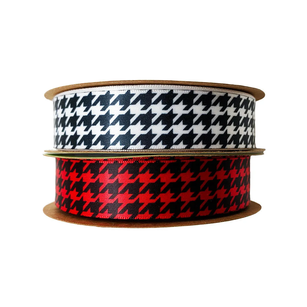 Houndstooth check ribbon in black on 7/8" white single face satin