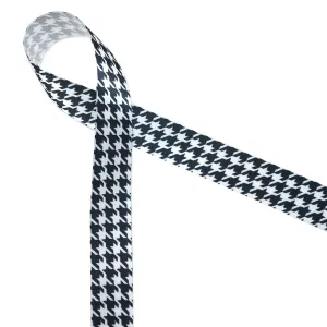 Houndstooth check ribbon in black on 7/8" white single face satin