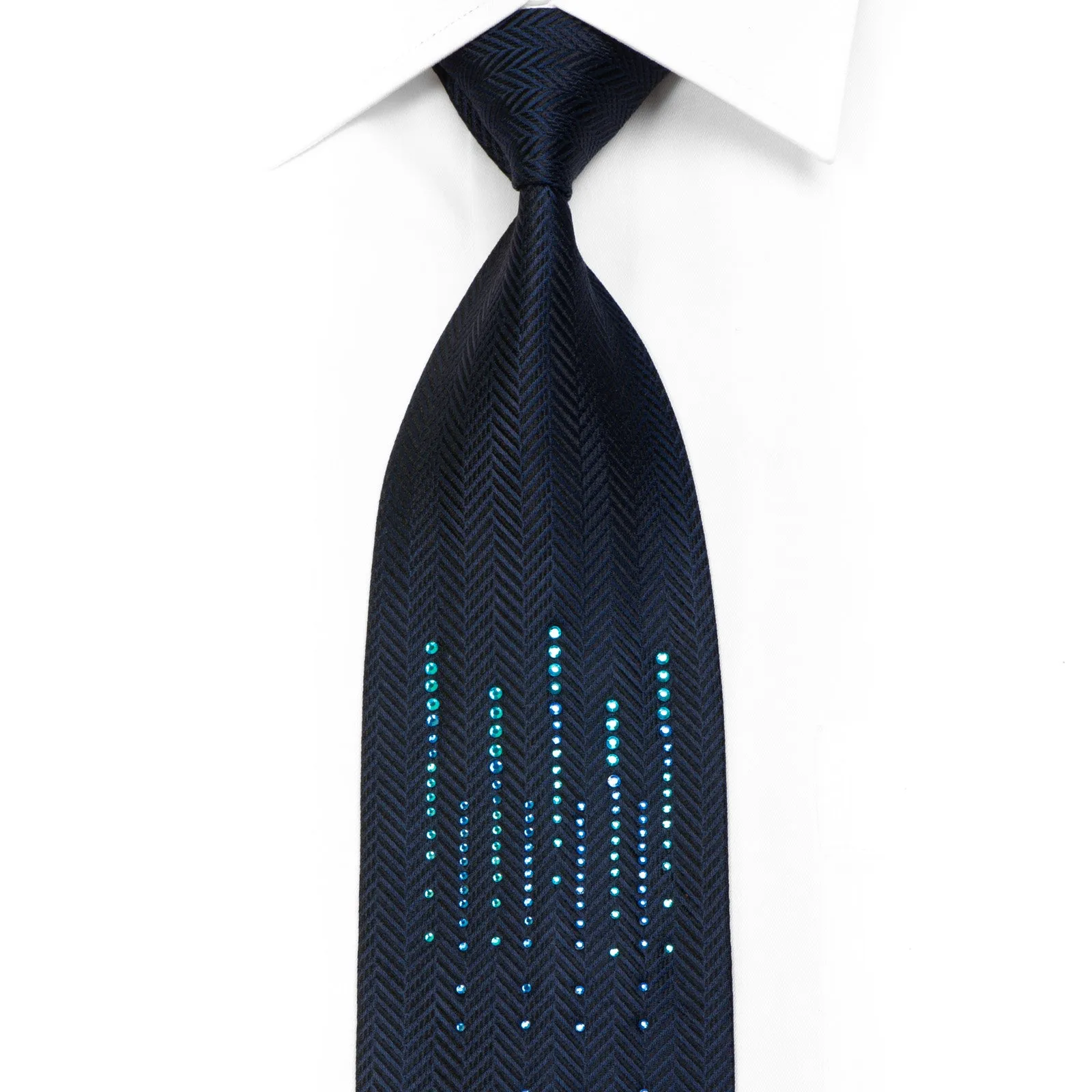 Louis Quatorze Silk Necktie Herringbone Vertical Rhinestones On Navy