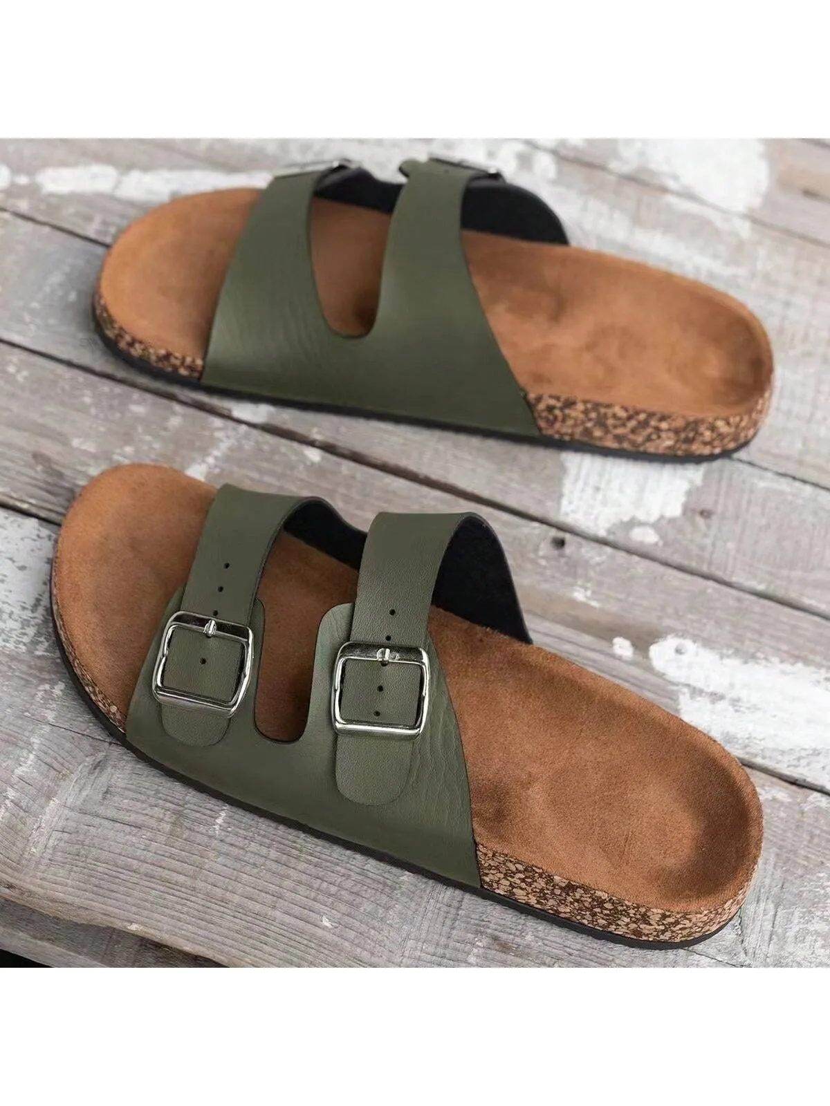 Men Plus Size Buckle Slip-Resistant Soft PU Strap Soft Cork Outsole Flip-Flops Couples Beach Slippers, Outdoor