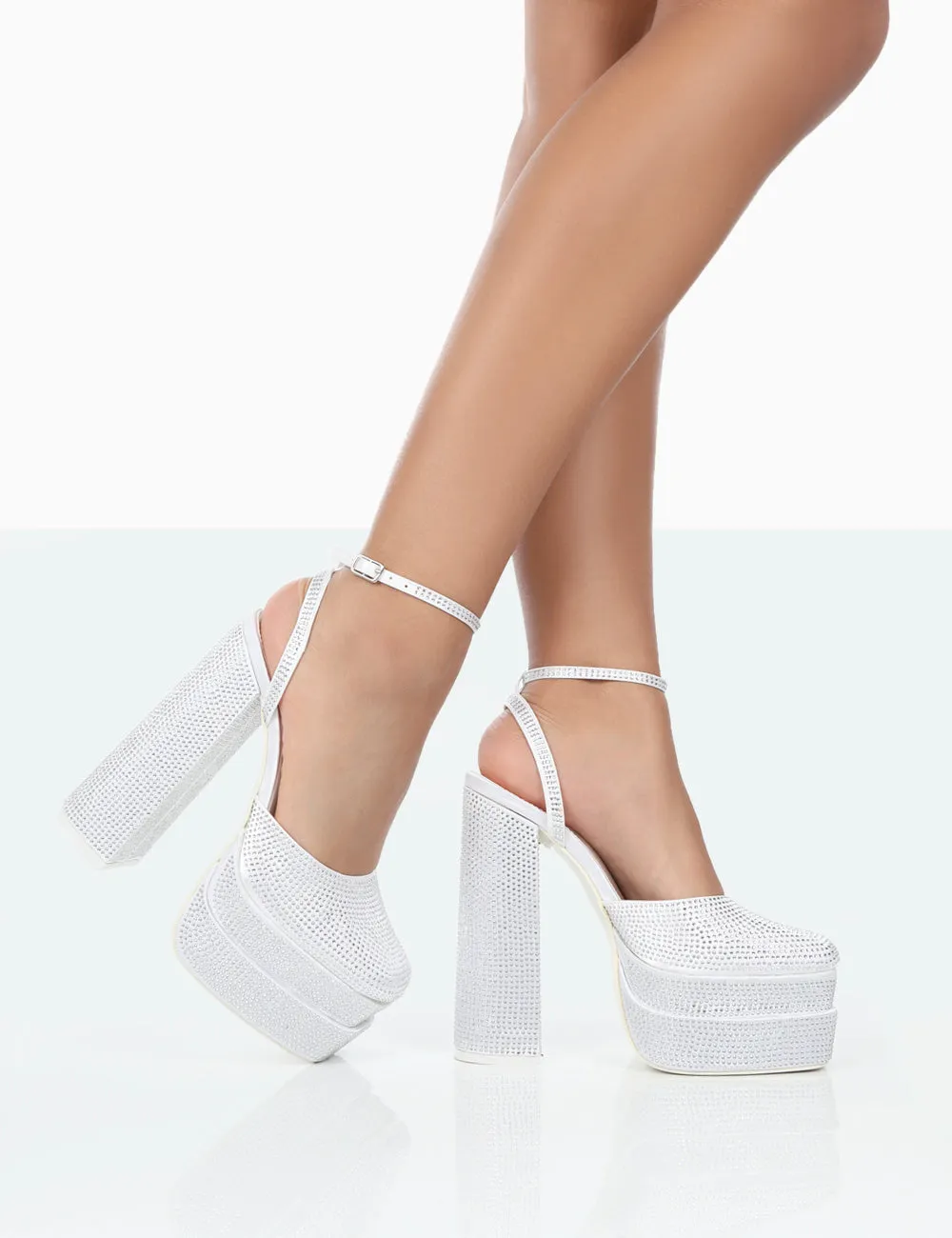 Moonchild White Diamanté Satin Closed Toe Platform Block Heels