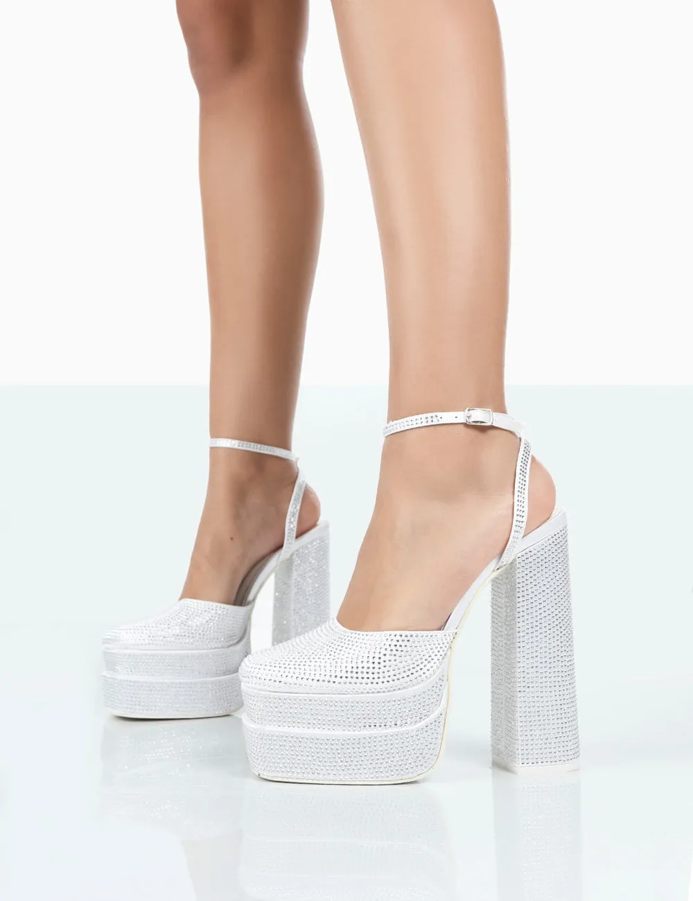 Moonchild White Diamanté Satin Closed Toe Platform Block Heels