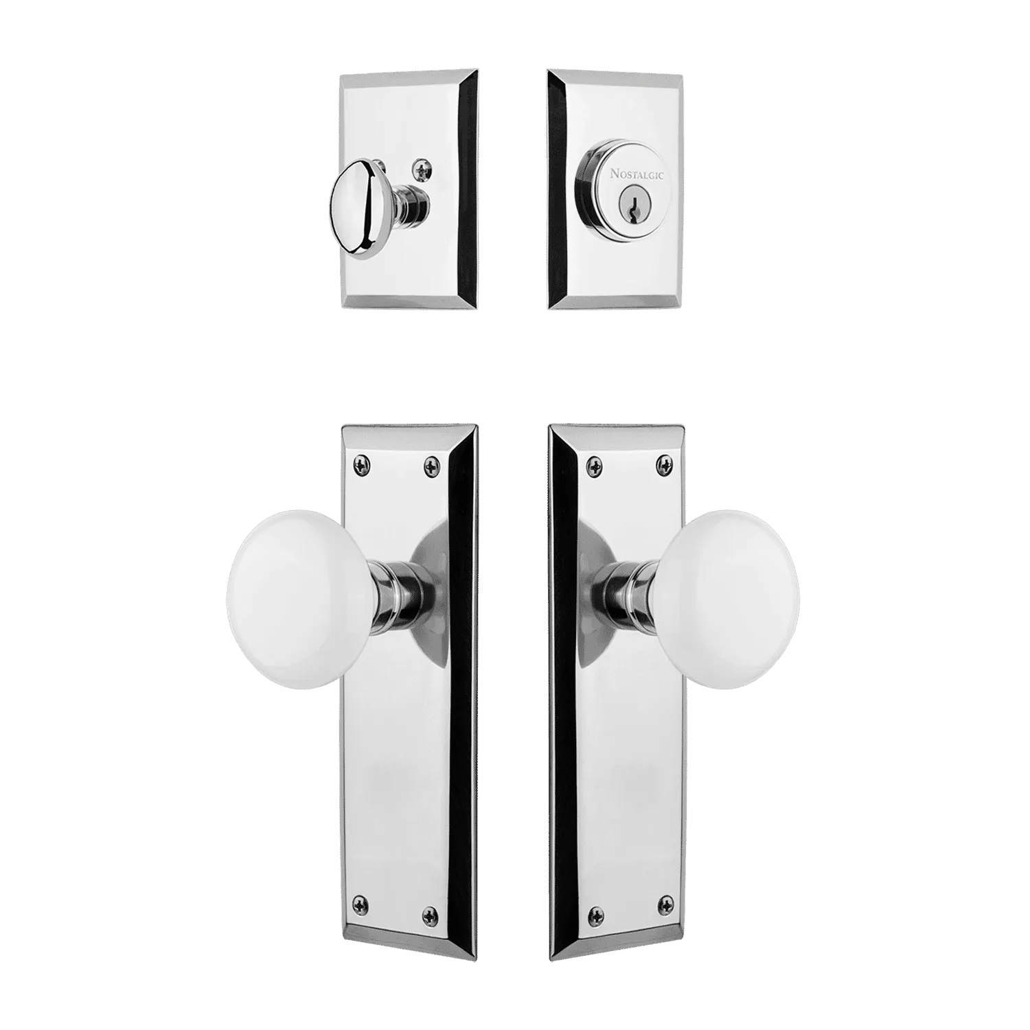 New York Entry Set with White Porcelain Knob in Bright Chrome