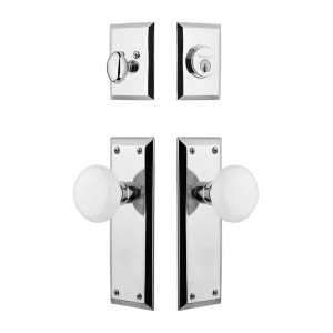 New York Entry Set with White Porcelain Knob in Bright Chrome