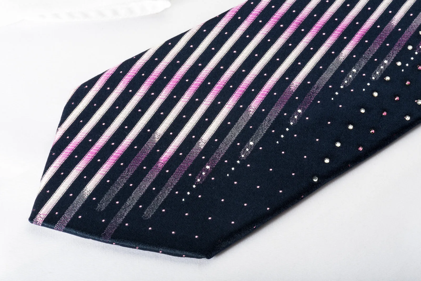 Park Land Silk Rhinestone Necktie Pink Stripes On Blue With Silver Sparkles