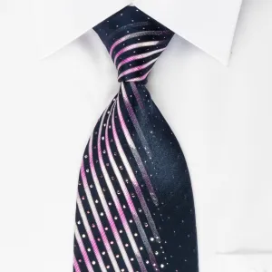 Park Land Silk Rhinestone Necktie Pink Stripes On Blue With Silver Sparkles