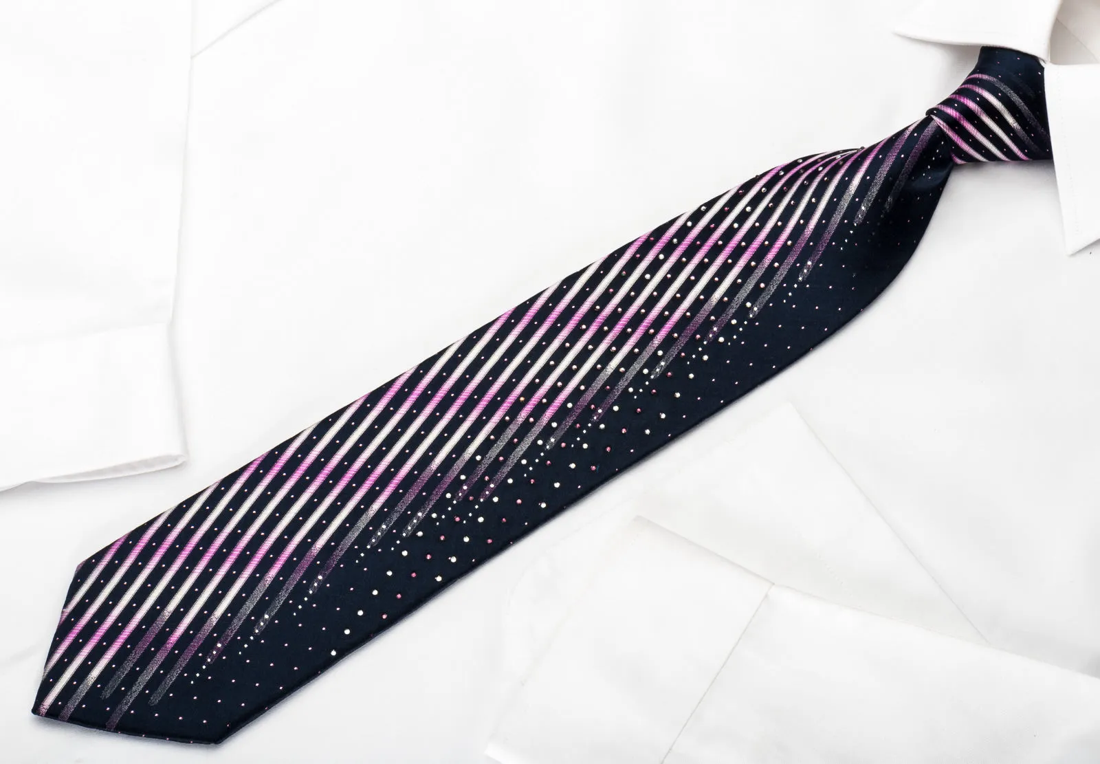 Park Land Silk Rhinestone Necktie Pink Stripes On Blue With Silver Sparkles