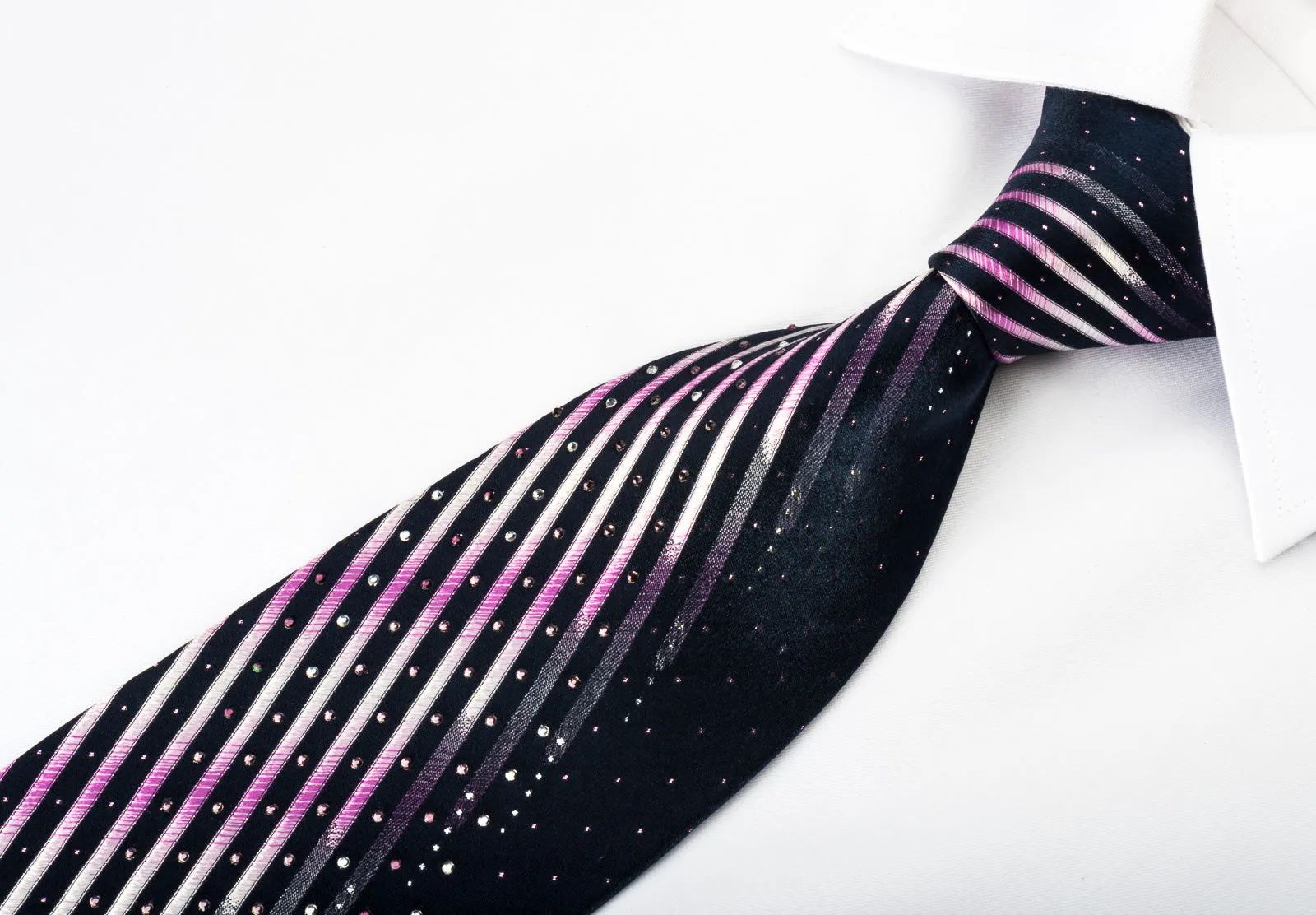 Park Land Silk Rhinestone Necktie Pink Stripes On Blue With Silver Sparkles