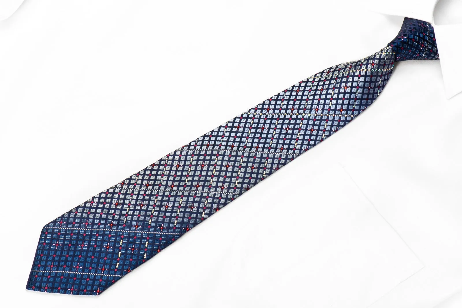 Pierre Cardin Men's Crystal Silk Necktie Geometric Checker On Blue With Sparkles