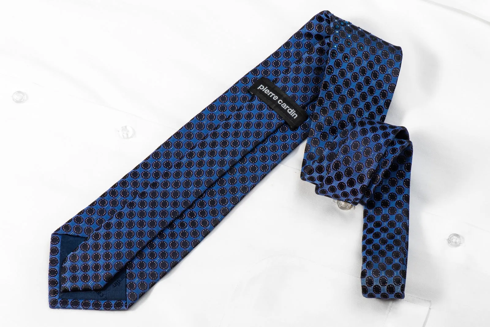 Pierre Cardin Men's Silk Necktie Black Circles On Blue Rhinestone Necktie