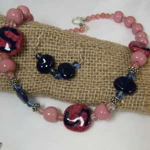 Pink & Navy African Kazuri and Quartz Necklace & Earrings