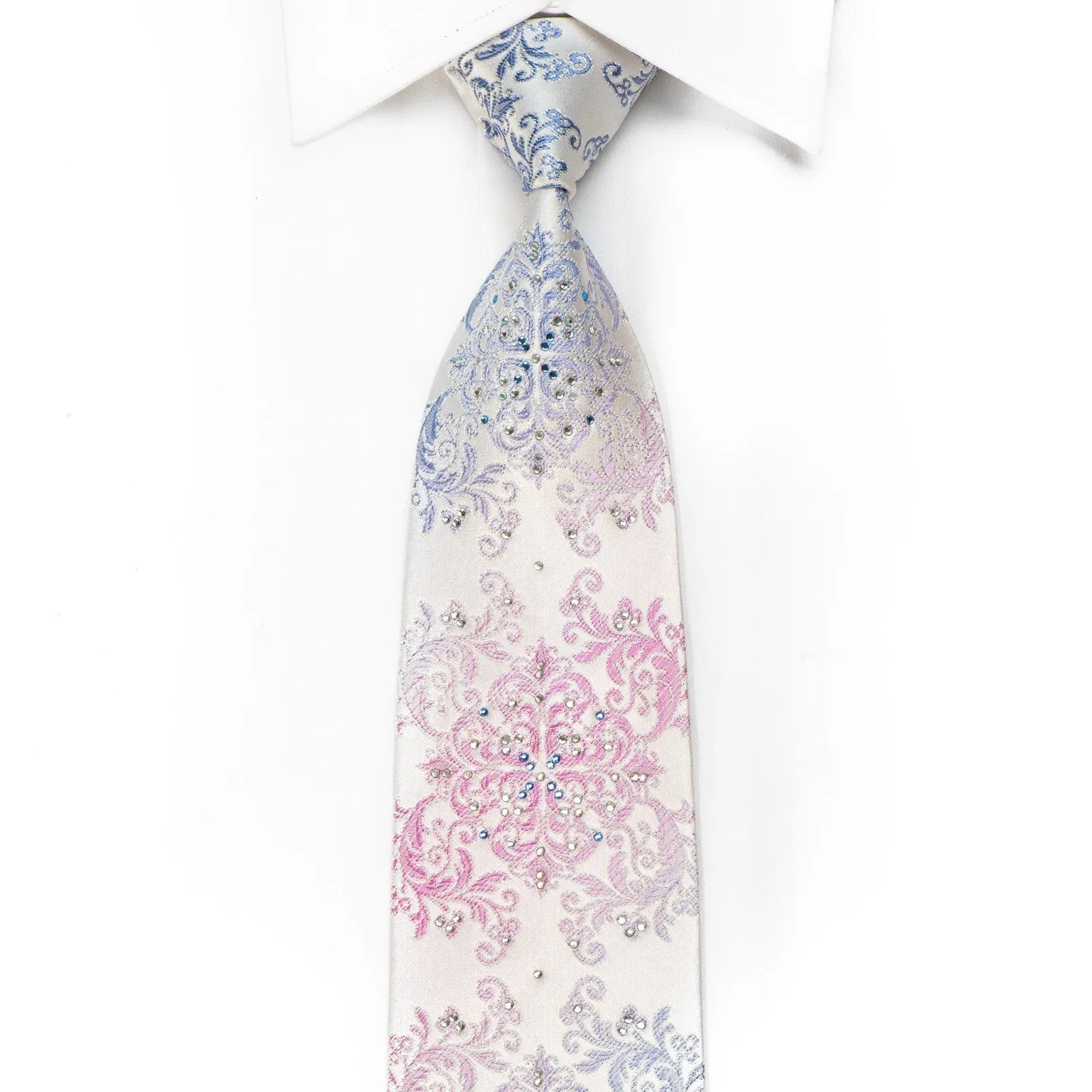 Premierlux Men's Crystal Rhinestone Tie Blue Pink Damask On White