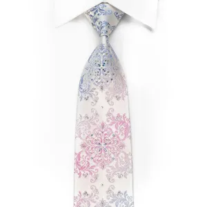 Premierlux Men's Crystal Rhinestone Tie Blue Pink Damask On White