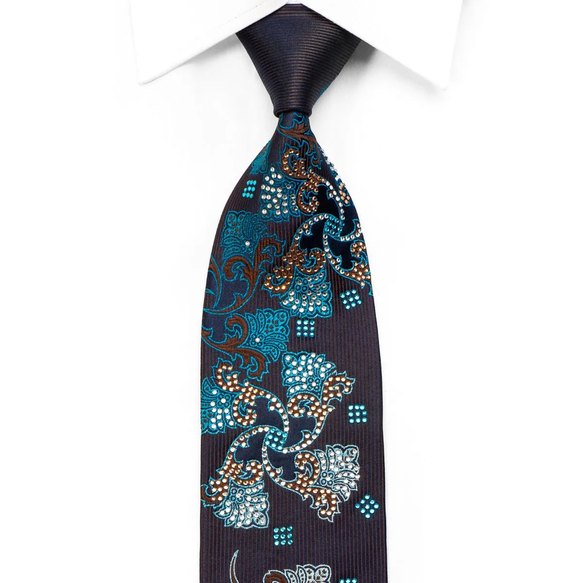 Premium Royal Rhinestone Silk Tie Brown Blue Anthemion Floral On Navy Blue