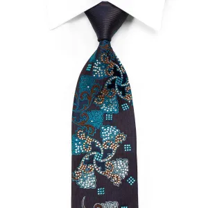 Premium Royal Rhinestone Silk Tie Brown Blue Anthemion Floral On Navy Blue