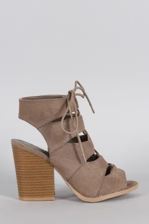 Qupid Suede Slit Cutout Lace Up Chunky Heel