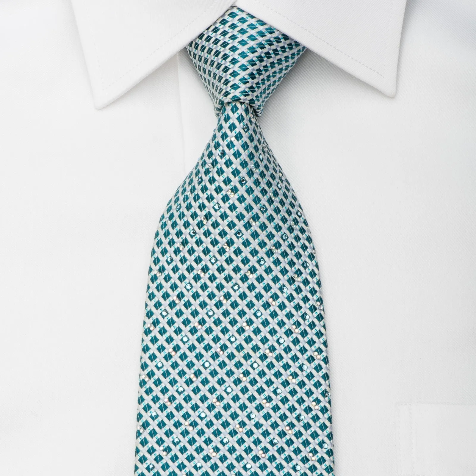 Renoma Rhinestone Silk Necktie Silver Turquoise Checkered With Sparkles