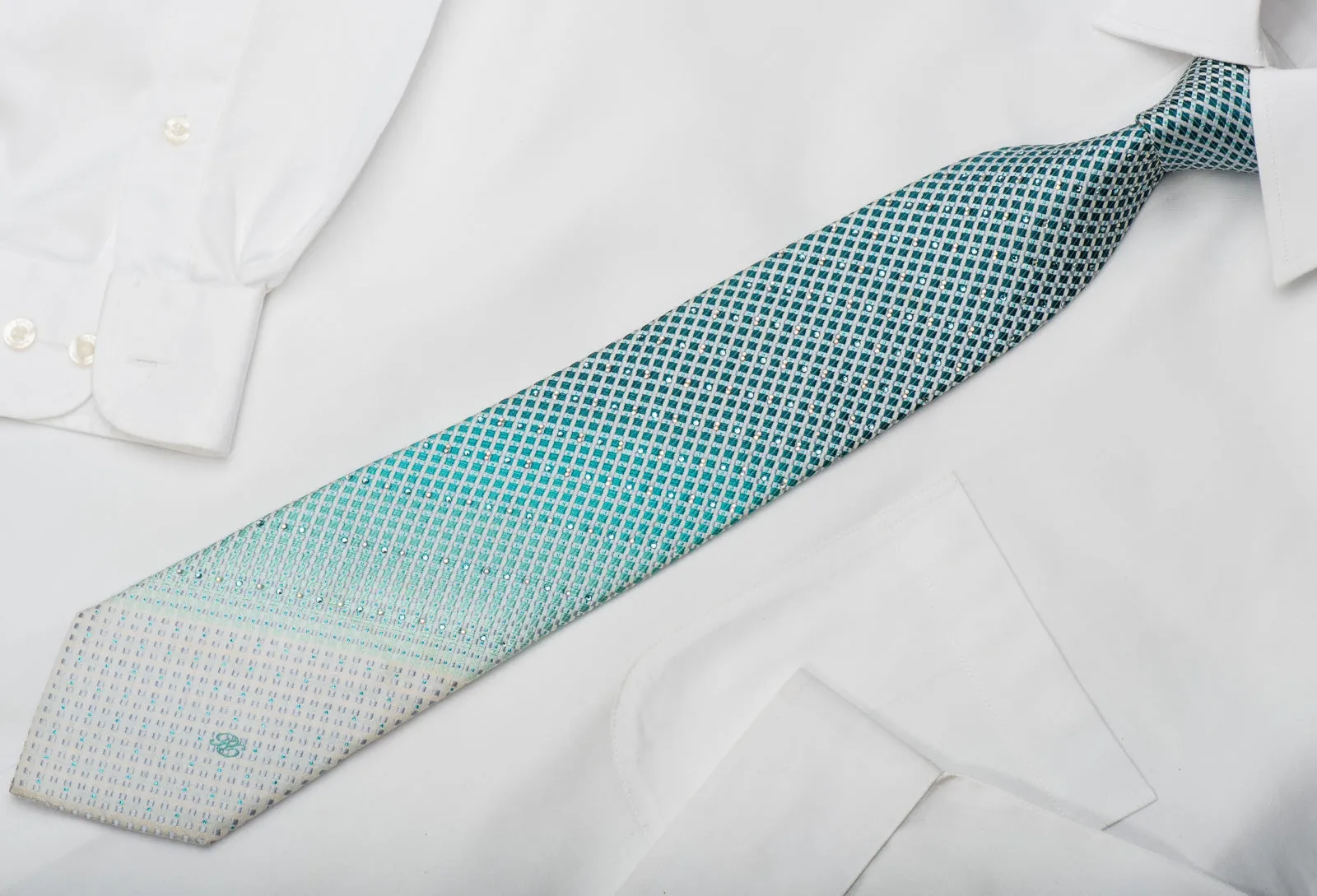 Renoma Rhinestone Silk Necktie Silver Turquoise Checkered With Sparkles