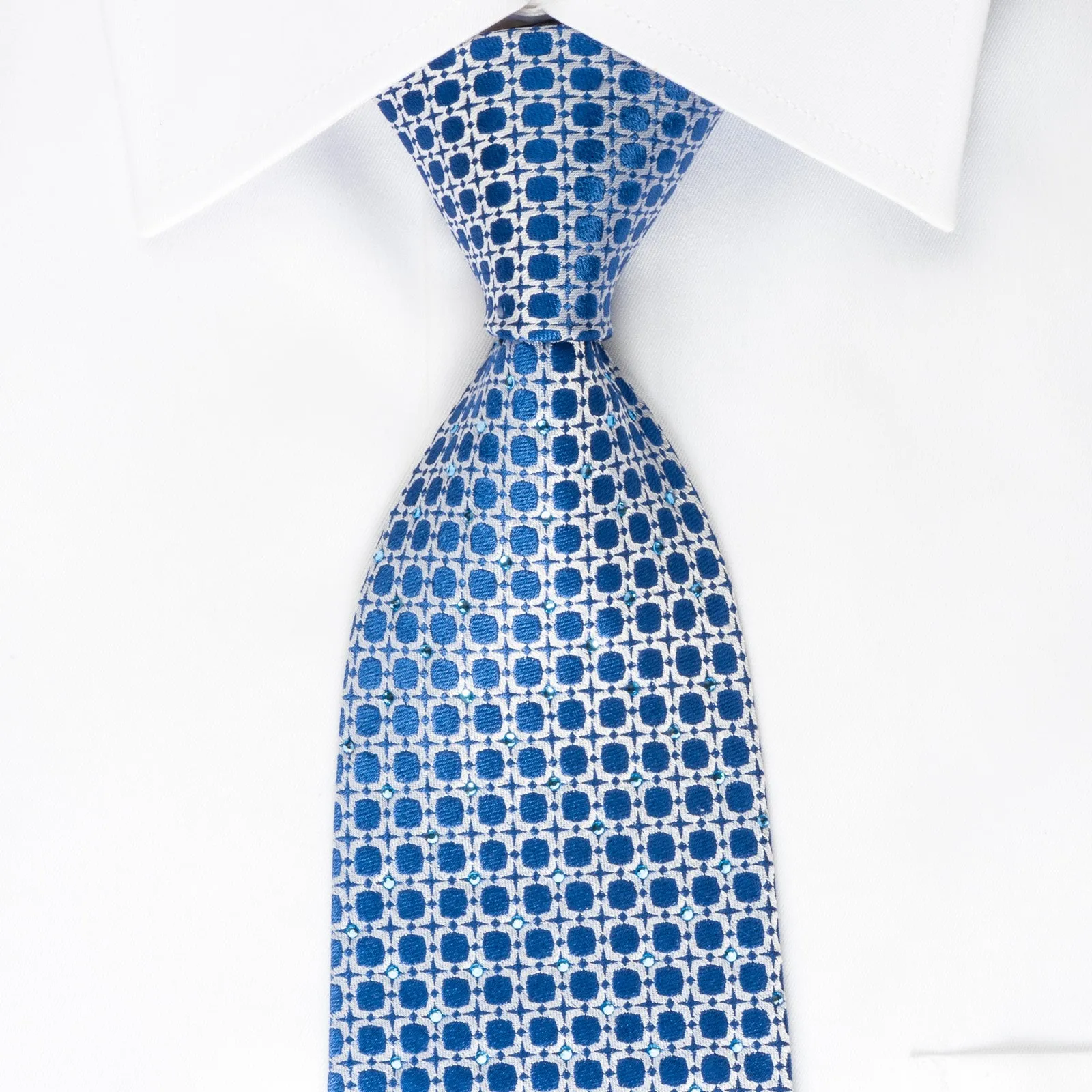 Renoma Silk Tie Silver Geometric On Blue With Rhinestones