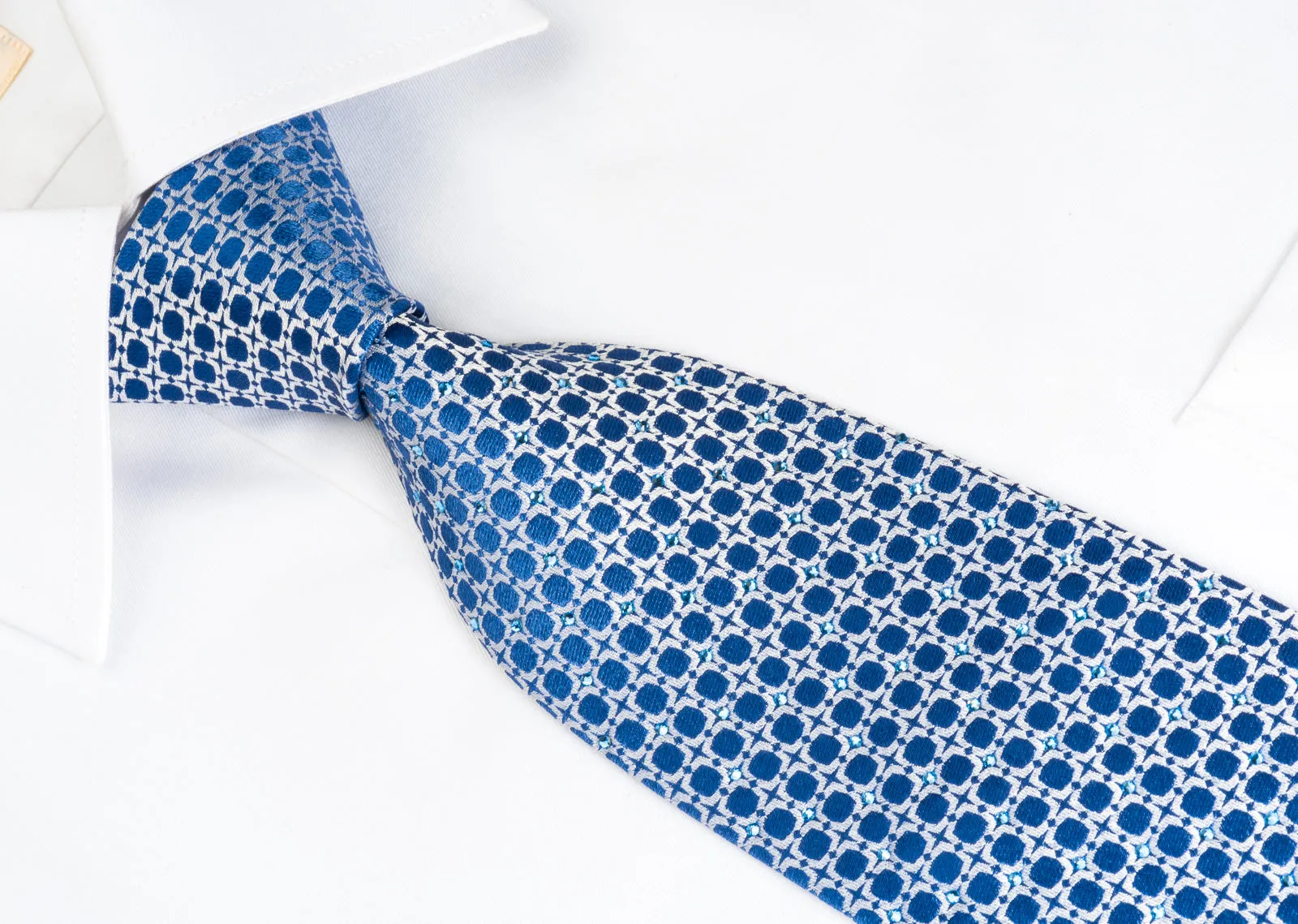 Renoma Silk Tie Silver Geometric On Blue With Rhinestones