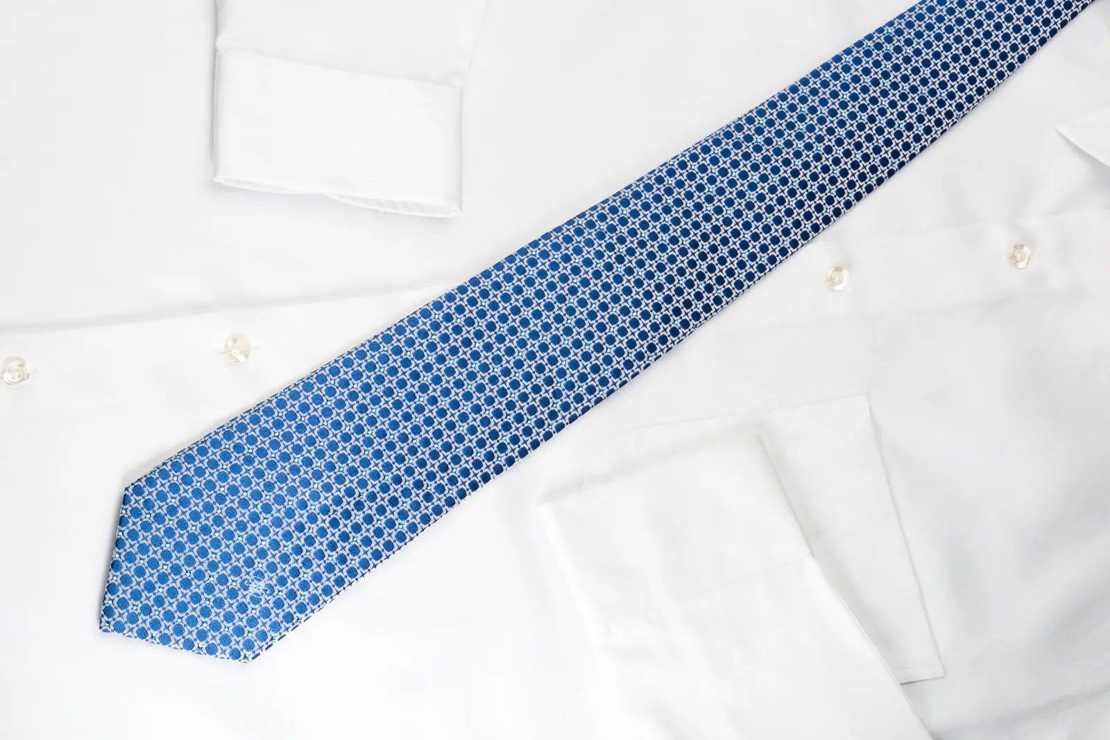 Renoma Silk Tie Silver Geometric On Blue With Rhinestones