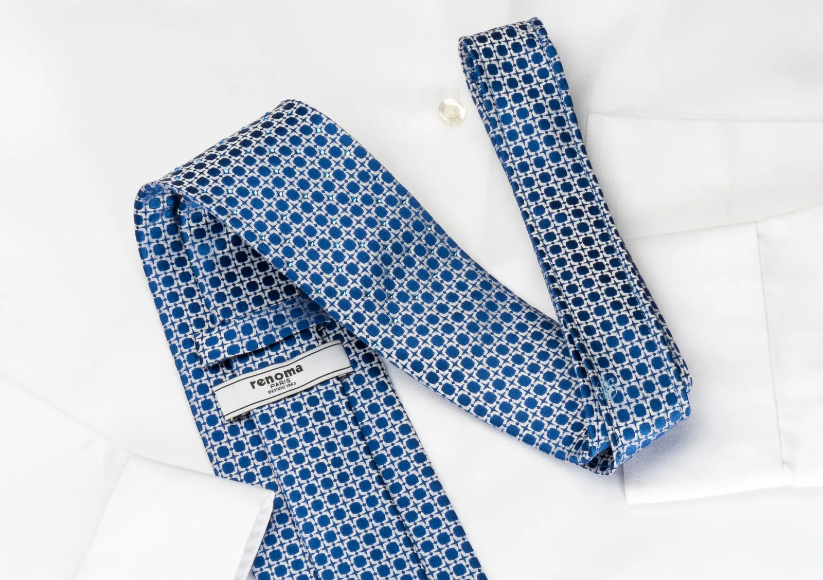 Renoma Silk Tie Silver Geometric On Blue With Rhinestones