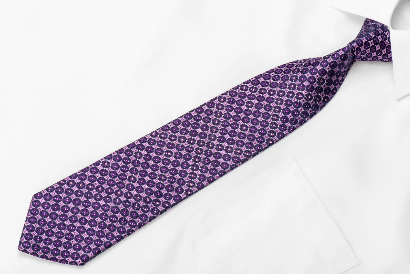 Rogatis Men's Crystal Rhinestone Silk Necktie Purple Geometric With Sparkles