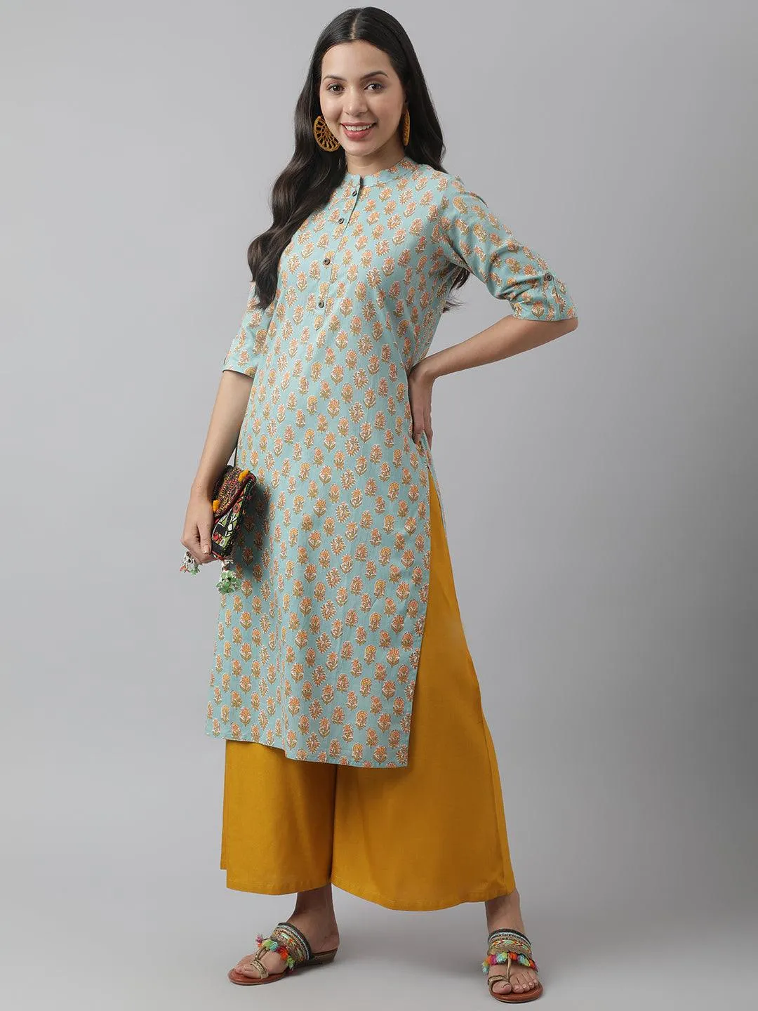 Seagreen & Yellow Floral Printed Straight Kurta