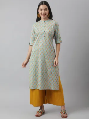 Seagreen & Yellow Floral Printed Straight Kurta