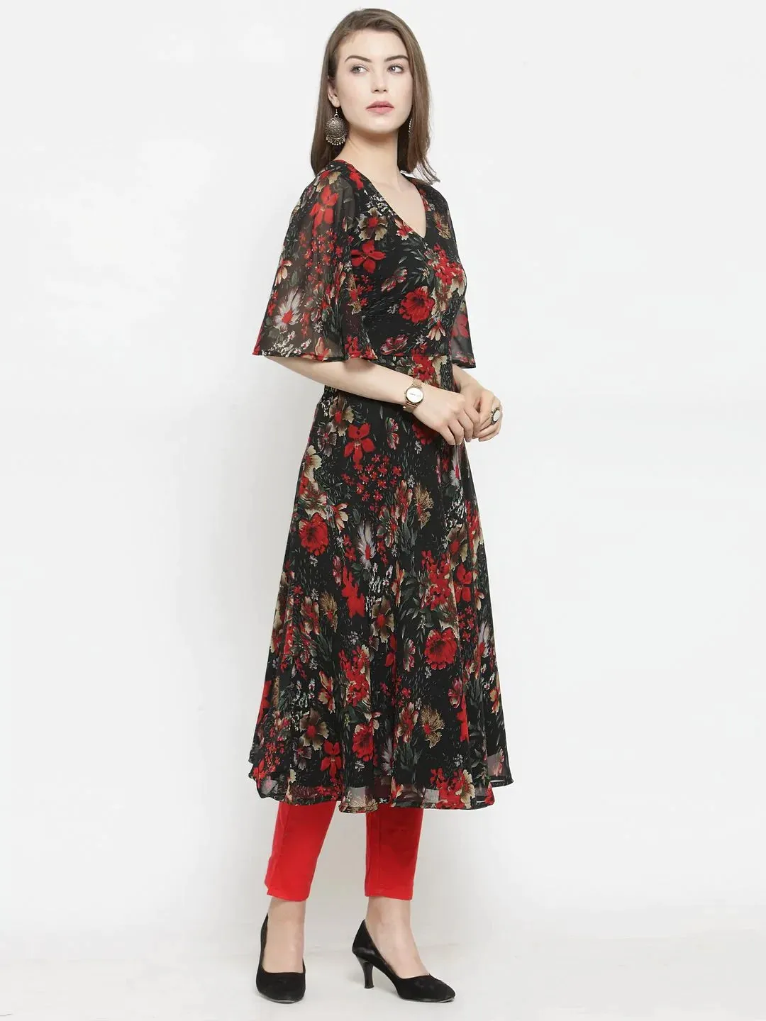 Women Black & Red Floral Printed Gorgette Flared Kurta