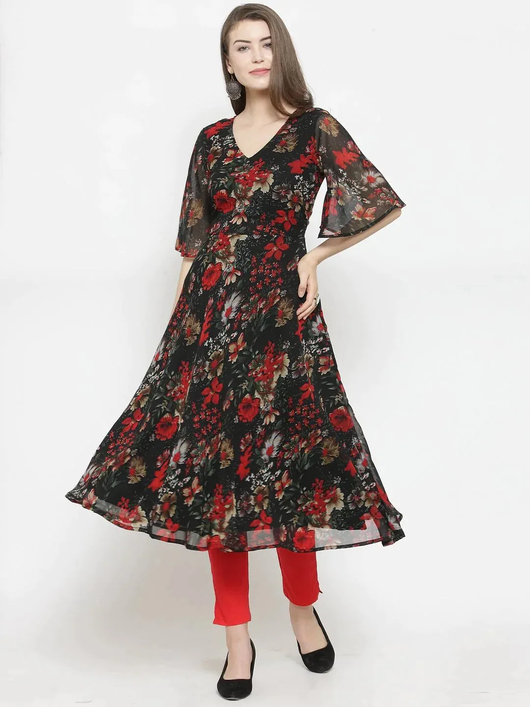 Women Black & Red Floral Printed Gorgette Flared Kurta