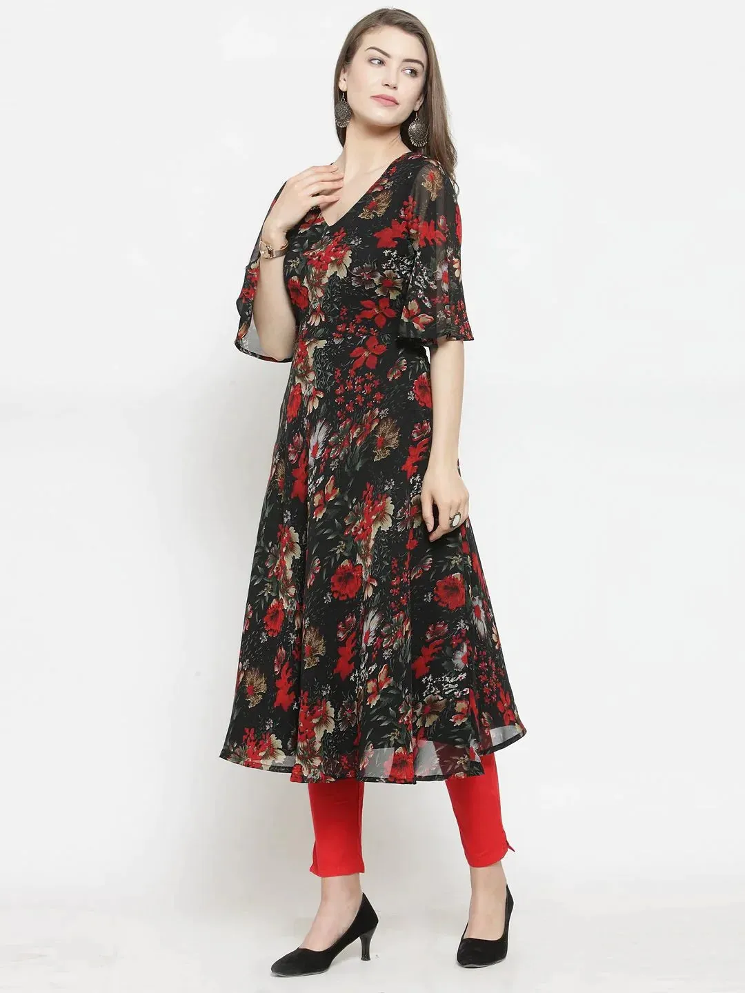 Women Black & Red Floral Printed Gorgette Flared Kurta