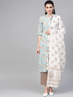 Women Blue & Beige Straight Floral Printed Kurta And Palazzos Set With Dupatta