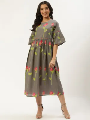 Women Grey Floral Printed Round Neck Cotton A-Line Dress